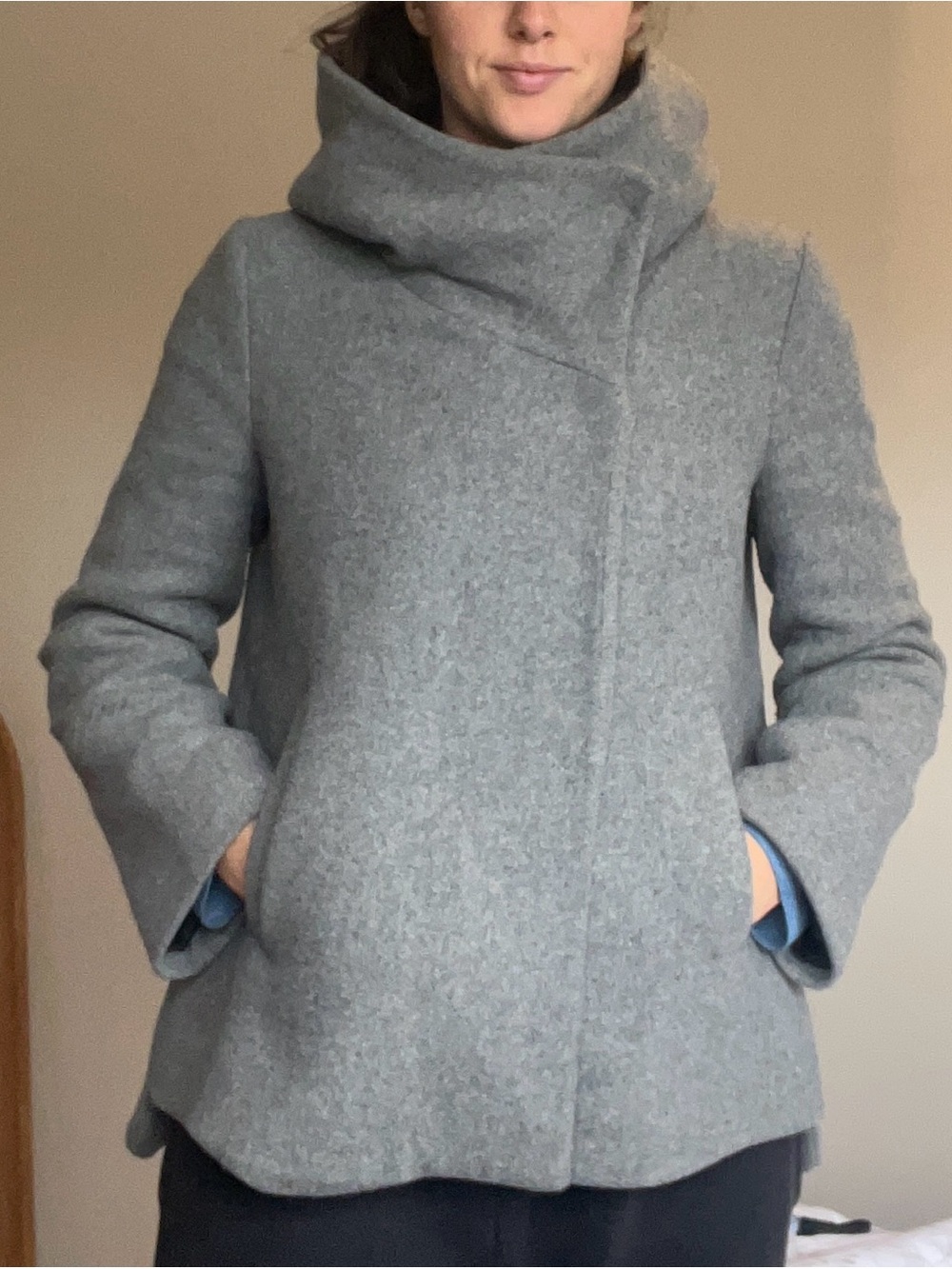 Zara Gray Wool-Blend Asymmetrical Collar Pea Coat